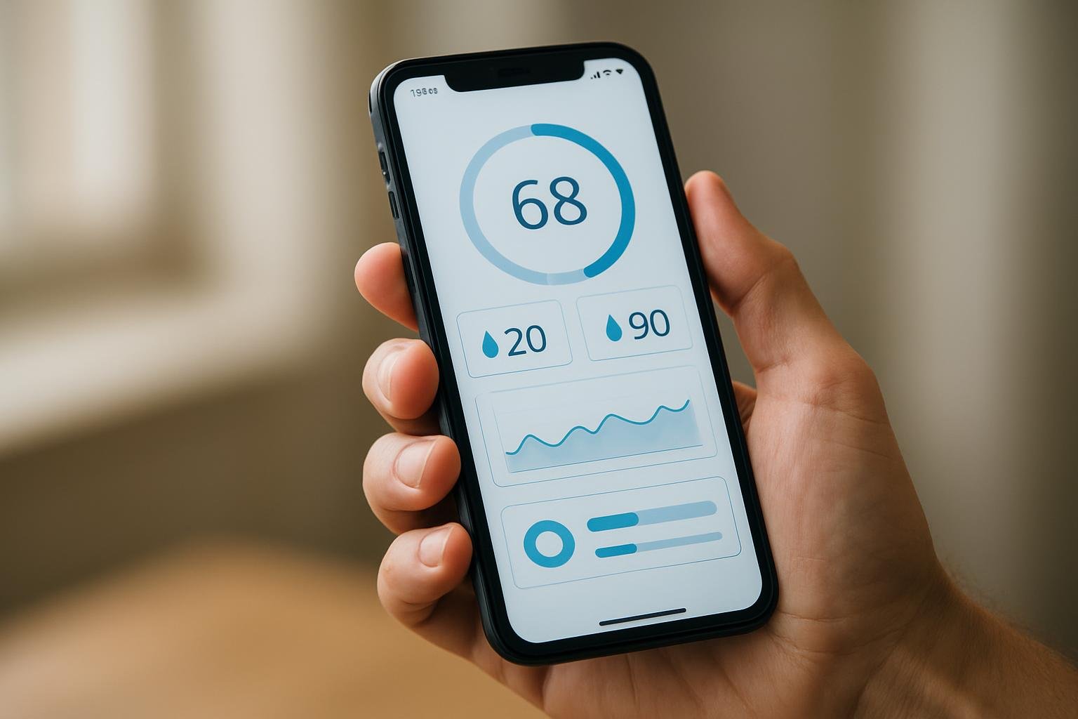 Close-up of a hand holding a smartphone showing the Dryzor Sync App dashboard